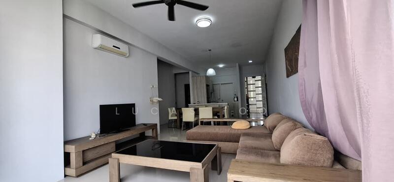 Living features: 3-seater fabric sofa in beige, coffee table with wooden legs, wall-mounted TV, ceiling fan with light, white painted walls, polished tile flooring, floor-to-ceiling windows with sheer curtains, decorative wall art; style: modern. Kitchen features: open-plan layout, kitchen island with seating, stainless-steel appliances, white cabinetry, light-colored countertops; style: modern.