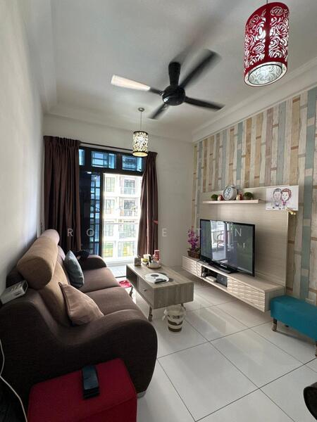 Living features: 3-seater fabric sofa in brown, coffee table, wall-mounted TV, TV console, area rug, ceiling fan with light, decorative wall with wood paneling, curtains, shelves with decorative items, light fixtures with red shades, white tiled flooring, wall clock; style: modern.