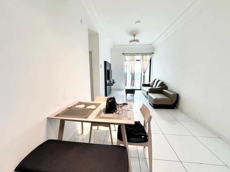 Living features: white painted walls, white ceiling, recessed downlights, floor-to-ceiling windows, sheer curtains, light-colored sofa, coffee table, TV console, wall-mounted TV, area rug, dining table with 2 chairs, black dining bench, tile flooring; style: modern; view: garden.