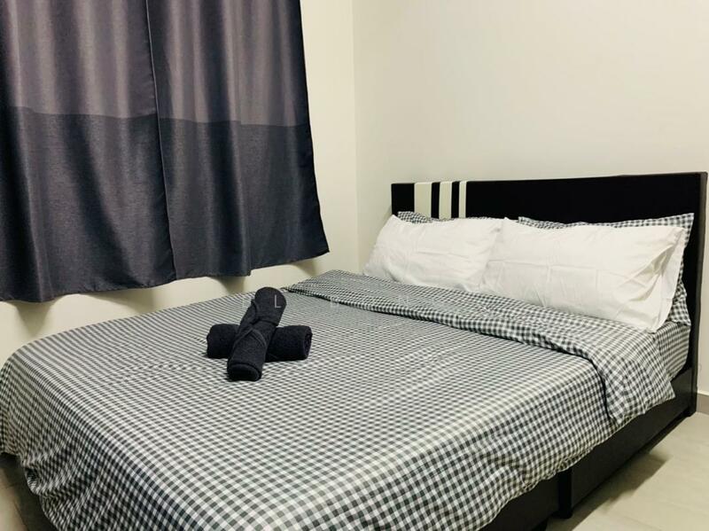 Bedroom features: queen-size bed with checkered bedding, two white pillows, dark grey curtains, light grey walls, tile flooring, decorative towels rolled on the bed, headboard with striped design; style: modern.