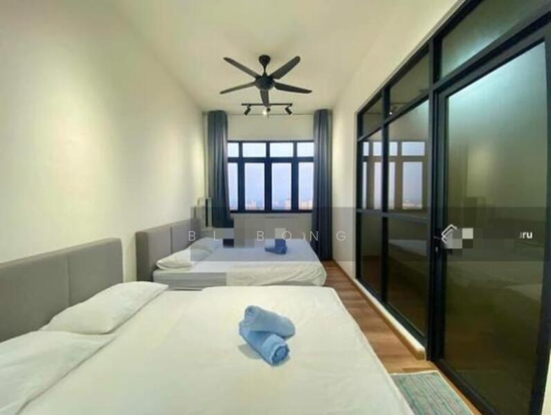 Bedroom features: 2 beds, upholstered headboards, white bedding, blue towels, 5-blade ceiling fan, floor-to-ceiling windows, grey curtains, wooden flooring, glass sliding door; style: modern; view: city.