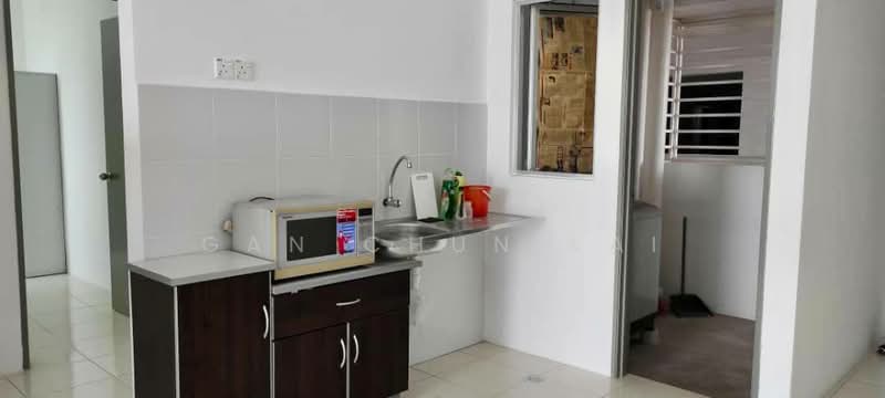 Kitchen features: white tiled walls, light-colored cabinetry, stainless-steel sink, chrome faucet, microwave, countertop with storage, white tiled flooring, window with security bars; style: modern.