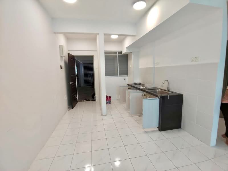 Kitchen features: white painted walls, glossy white tile flooring, single-bowl stainless-steel sink, chrome pull-down faucet, black cabinetry, white countertop, built-in kitchen appliances, window with blinds, recessed ceiling lights; style: modern. Room features: white painted walls, glossy white tile flooring, door leading to hallway, window with blinds.