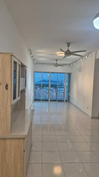 Living features: white painted walls, glossy tile flooring, 5-blade ceiling fan, recessed downlights, floor-to-ceiling windows, sliding glass door, built-in cabinetry, open layout, city view; style: modern; view: city.