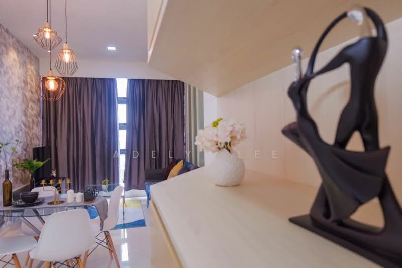 Living features: grey accent wall, white painted walls, polished tile flooring, floor-to-ceiling windows, sheer curtains, dark brown curtains, 3-blade ceiling fan, hanging pendant lights, decorative sculpture, dining table with white chairs, area rug with geometric pattern, greenery in ceramic pot; style: modern; view: city.