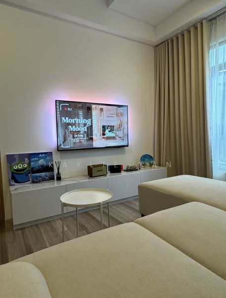 Living features: light-colored fabric sofa, white coffee table, wall-mounted TV, TV console in white, decorative items on console, floor-to-ceiling window with sheer curtains, wooden flooring, recessed lighting, neutral wall color, decorative wall art; style: modern.