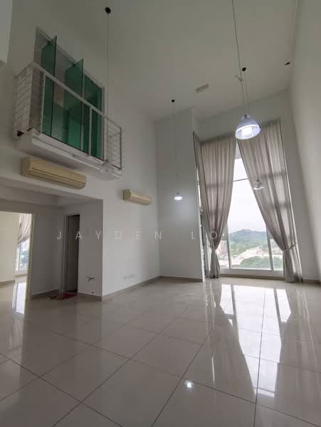 Living features: high ceiling, large floor-to-ceiling windows, curtains, white painted walls, glossy tile flooring, 2 wall-mounted split AC units, hanging pendant lights, balcony with glass railing, view of surrounding landscape; style: modern; view: landscape.