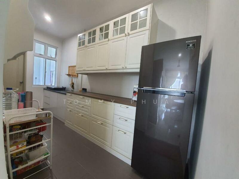 Kitchen features: white shaker cabinets, black countertop, stainless-steel fridge, ceramic tile flooring, wall-mounted cabinets, open shelving, window for natural light, kitchen cart with storage; style: modern.