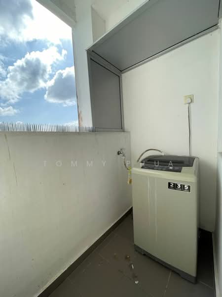 Laundry features: washing machine, grey tiled flooring, white painted walls, window with natural light, water supply tap, shelf above washing machine; view: sky.