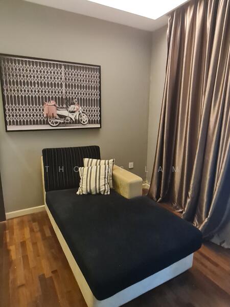 Room features: black and cream chaise lounge, decorative throw pillow with stripes, framed artwork with motorcycle image, grey painted walls, dark wood flooring, floor-to-ceiling curtains in a rich fabric, recessed ceiling lighting; style: modern.