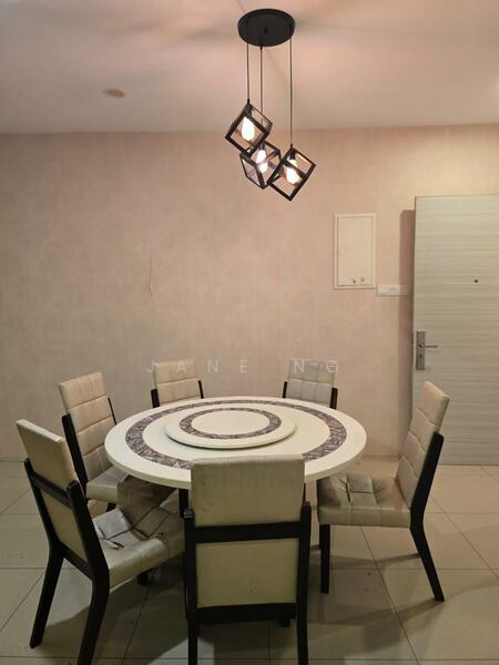 Dining features: round dining table with decorative inlay, 6 upholstered dining chairs in cream, pendant light fixture with geometric design, cream painted walls, tile flooring, wall-mounted panel, door to adjacent room; style: modern.
