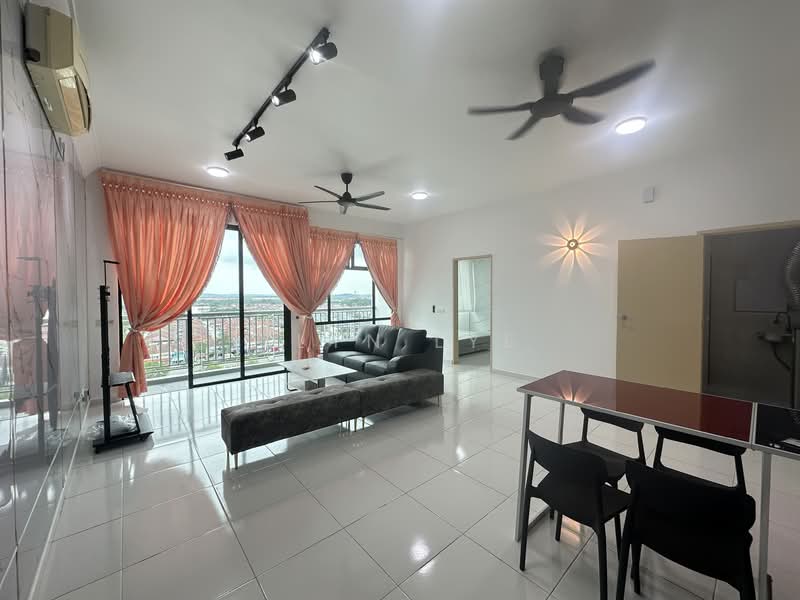 Living features: grey fabric sofa, 3-seater sofa, black coffee table, dining table with 4 black chairs, floor-to-ceiling windows, sheer orange curtains, recessed LED downlights, 2 ceiling fans, white painted walls, glossy white tile flooring, city view; style: modern; view: city.
