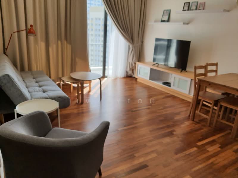 Living features: grey fabric L-shape sectional sofa, wooden coffee table, white side table, wooden dining table, wooden dining chairs, wall-mounted TV, TV console with storage, floor-to-ceiling windows, curtains, wooden flooring, decorative wall shelf, framed photos on shelf; style: modern; view: city.