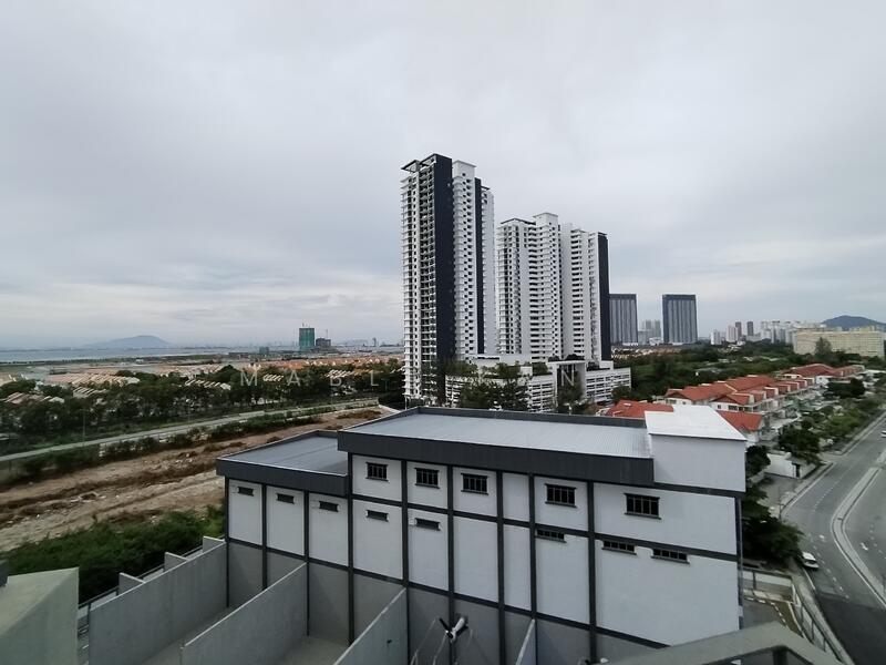 Exterior type: high-rise condominium; features: glass curtain wall, white painted facade, approximately 20-storey high-rise, surrounded by mature greenery, urban context with skyline view in background, adjacent to highway; style: modern.