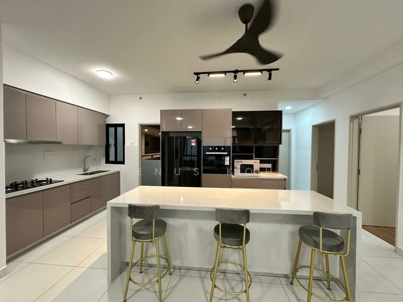 Kitchen features: light grey cabinetry, white countertop, stainless-steel sink, chrome pull-down faucet, built-in oven, stainless-steel range hood, 4-burner gas hob, black refrigerator, pendant light, bar stools with gold legs, white tiled flooring, open layout, wall-mounted cabinets, black microwave; style: modern.