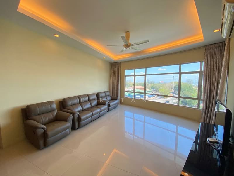 Living features: 3-seater leather sofa in brown, 2-seater leather sofa in brown, floor-to-ceiling windows, city view, recessed LED downlights, ceiling fan, cream painted walls, glossy tile flooring, curtains, TV console, wall-mounted TV; style: modern; view: city.