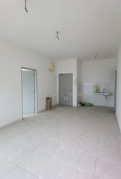 Room features: white painted walls, tile flooring, single-bowl stainless-steel sink, wall-mounted faucet, light fixture on ceiling, door leading to another room, open space layout, no visible furniture; style: minimalist.