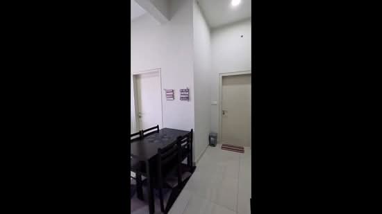 Room features: white painted walls, tile flooring, dining table with chairs, doorway, light fixture on ceiling.
