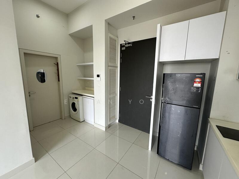 Room features: white painted walls, glossy tile flooring, black refrigerator, built-in white cabinetry, washing machine, single-bowl stainless-steel sink, countertop, door with circular window, door with black finish; style: modern.