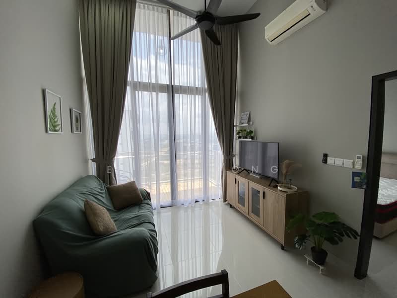 Living features: floor-to-ceiling windows, sheer curtains, 3-blade ceiling fan, wall-mounted TV, TV console, green fabric sofa, decorative houseplant, white walls, glossy tile flooring, natural light, wooden dining table; style: modern; view: city.