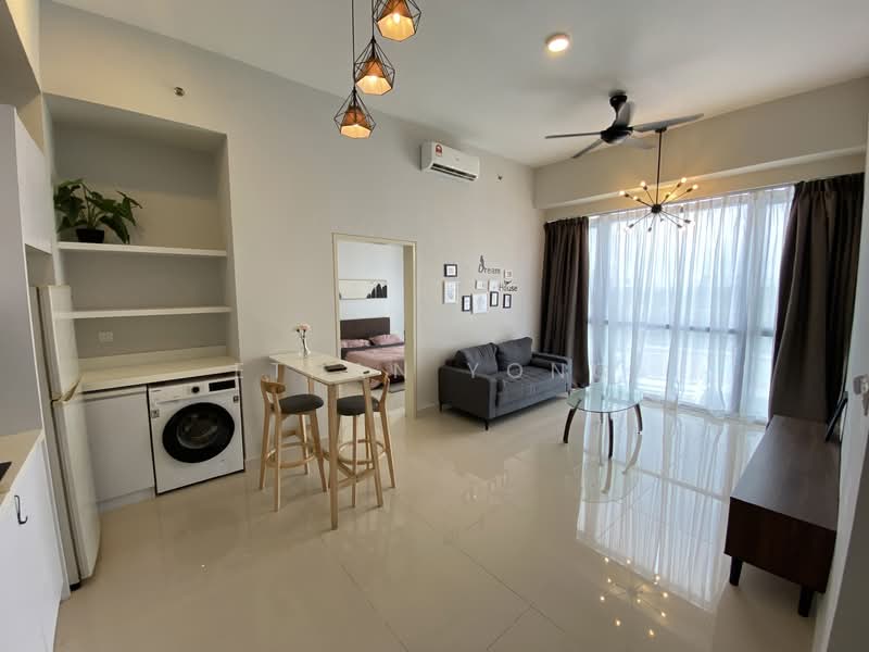 Living features: grey fabric sofa, glass coffee table, wooden TV console, 2-bar stool seating, white cabinetry, built-in washing machine, recessed downlights, ceiling fan, floor-to-ceiling windows with sheer curtains, light-coloured tiled flooring, decorative wall art, indoor plant; style: modern; view: city.