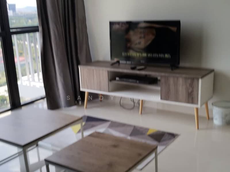 Living features: wall-mounted TV, wooden TV console with drawers, 2 coffee tables, area rug with geometric pattern, floor-to-ceiling windows, curtains, white walls, glossy tile flooring; style: modern; view: city.