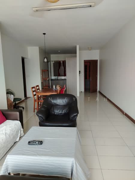 Living features: white painted walls, glossy tile flooring, ceiling with recessed lighting, 1 ceiling fan, 2-seater leather sofa in black, coffee table with tablecloth, dining table with 4 wooden chairs, open layout, natural light from windows, decorative wall art; style: modern. Dining features: dining table with 4 wooden chairs; style: modern.