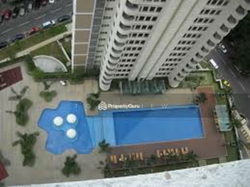 Exterior type: high-rise condominium; features: infinity pool, pool deck with loungers, landscaped garden area, children's play area, manicured lawn, paved walkways, multiple palm trees, outdoor seating area; style: modern.