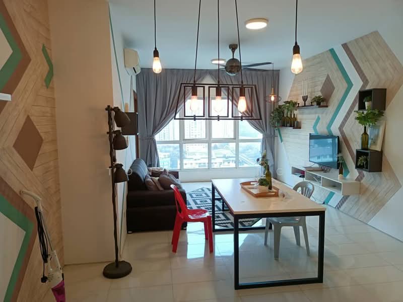 Living features: 3-seater brown fabric sofa, black coffee table, white TV console, wall-mounted TV, decorative wall shelves, green plants on shelves, pendant lighting with exposed bulbs, grey curtains, geometric wall design with wood and paint accents, white tiled flooring, floor lamp, area rug with geometric pattern; style: modern; view: city.
