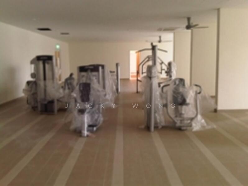Room features: gym equipment covered in plastic, tile flooring, ceiling fans, neutral wall color, large open space, natural light from windows, minimalist design; style: modern.