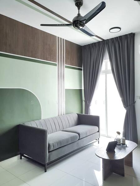 Living features: grey fabric sofa, wooden coffee table, 5-blade ceiling fan with light, floor-to-ceiling window, grey curtains, green and brown accent wall, white tiled flooring, decorative plant on table; style: modern.