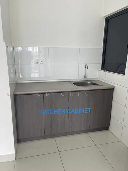 Kitchen features: grey laminate cabinetry, single-bowl stainless-steel sink, chrome pull-down faucet, light-colored countertop, white tiled backsplash, white tiled walls, ceramic tile flooring, window with black frame; style: modern.
