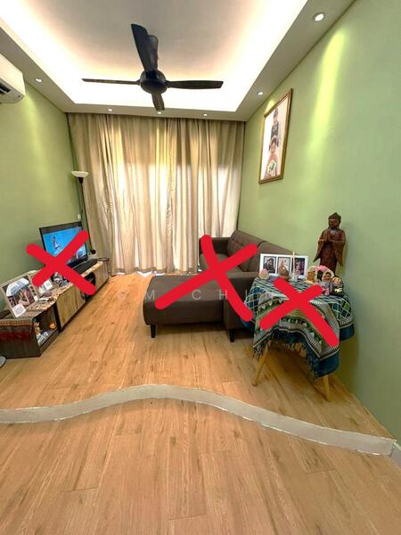 Living features: light green painted walls, wooden flooring, 5-blade ceiling fan, recessed downlights, sofa in dark brown, TV console, wall-mounted TV, decorative figurines, framed artwork, curtains, coffee table, area rug; style: modern.