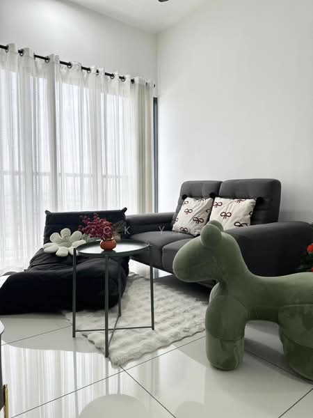 Living features: grey fabric 3-seater sofa, decorative cushions with patterns, glass coffee table, black bean bag chair, green decorative dog sculpture, white area rug, floor-to-ceiling windows with sheer curtains, white painted walls, polished tile flooring, ceiling fan; style: modern.
