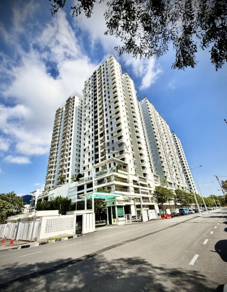 Exterior type: high-rise condominium; features: white painted facade, glass curtain wall, recessed balconies, approximately 20-storey high-rise, manicured landscaping, surrounded by mature greenery, driveway with interlocking pavers, double-volume main lobby, feature water wall at entrance; style: modern.