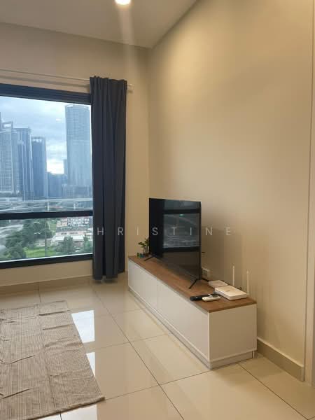 Living features: floor-to-ceiling windows, grey curtains, white TV console, wooden top on TV console, wall-mounted TV, light-colored walls, glossy tile flooring, area rug; style: modern; view: city.
