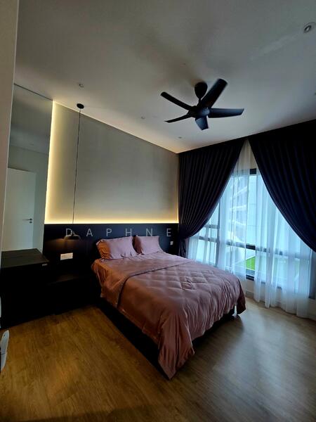 Bedroom features: queen-size bed with pink bedding, wooden flooring, 5-blade ceiling fan with light, floor-to-ceiling windows, sheer curtains, dark blue curtains, wall-mounted bedside table, decorative wall lighting, mirrored wall panel; style: modern.