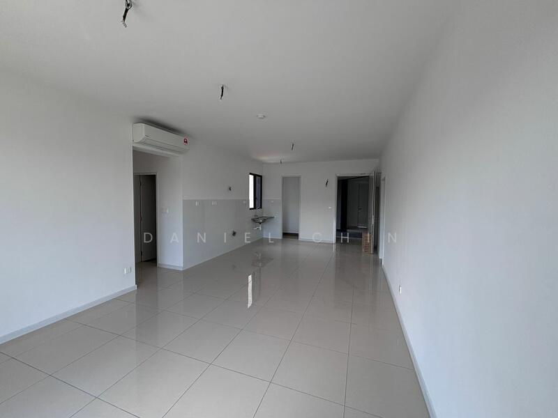Room features: white painted walls, glossy ceramic tile flooring, 1 wall-mounted split AC, large windows, no visible furniture, neutral color scheme, ceiling lights, open layout; style: modern.