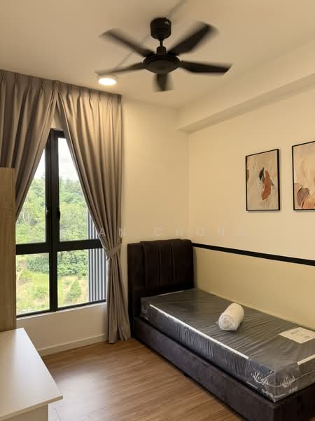 Bedroom features: single bed, black upholstered headboard, grey bed frame, floor-to-ceiling window, black ceiling fan, curtains in light grey, wooden flooring, two framed artworks on the wall, green view outside the window; style: modern; view: garden.