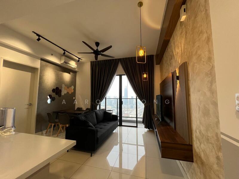 Living features: 3-seater fabric sofa in black, wall-mounted TV, wooden TV console, pendant lighting, 5-blade ceiling fan, floor-to-ceiling windows, grey accent wall, white painted walls, glossy tile flooring, curtains, decorative wall art, dining table with chairs; style: modern; view: city.