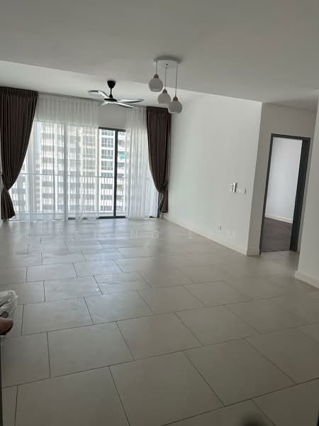 Living features: large floor-to-ceiling windows, white painted walls, light-colored tile flooring, 5-blade ceiling fan with light, curtains in dark brown, recessed downlights, open layout, neutral color scheme; style: modern; view: city. Room features: doorway leading to another room, dark wood flooring visible in adjacent area.