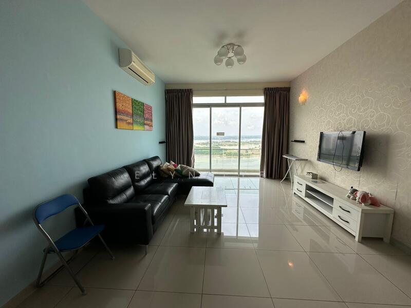 Living features: black leather sofa, white coffee table, wall-mounted TV, TV console, floor-to-ceiling windows, curtains, air conditioning unit, light fixture with multiple bulbs, glossy tile flooring, decorative wall with pattern, artwork on walls; style: modern; view: city.
