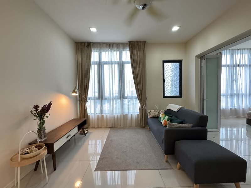 Living features: grey fabric sofa, wooden coffee table, area rug in light grey, wall-mounted TV console, floor-to-ceiling windows, sheer curtains, recessed downlights, ceiling fan, decorative wall art, light-coloured painted walls, white tiled flooring; style: modern.