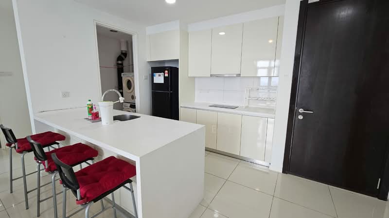 Kitchen features: white glossy cabinetry, white quartz countertop, stainless-steel sink, chrome pull-down faucet, built-in stove, built-in oven, black refrigerator, washing machine, bar seating with red upholstered stools, ceramic tile flooring, recessed downlights, open shelving, neutral wall color; style: modern.