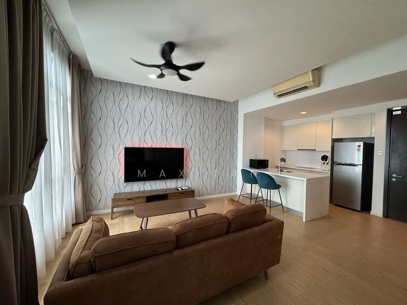 Living features: 3-seater fabric sofa in brown, wooden coffee table, wall-mounted TV, TV console, 5-blade ceiling fan with light, floor-to-ceiling windows with sheer curtains, decorative wall with wavy pattern, light-colored laminate flooring, air conditioning unit, bar stools at kitchen counter; style: modern. Kitchen features: white cabinetry, stainless-steel fridge, built-in microwave, kitchen countertop, sink, stainless-steel appliances; style: modern.