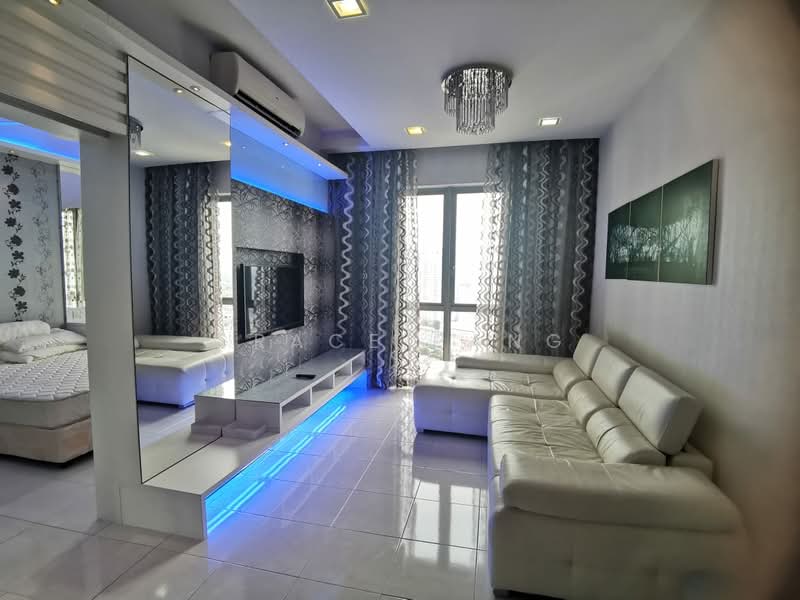 Living features: L-shape sectional sofa in white leather, wall-mounted TV, TV console with LED lighting, mirrored wall, chandelier with crystals, floor-to-ceiling windows, curtains with floral pattern, white tiled flooring, air conditioning unit, decorative wall art; style: modern.