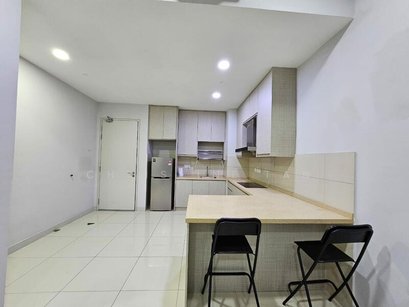 Kitchen features: white painted walls, glossy tile flooring, recessed downlights, kitchen island with countertop, stainless-steel fridge, built-in oven, flat-panel cabinetry in light color, single-bowl stainless-steel sink, chrome pull-down faucet, backlit countertop, two black folding chairs; style: modern.
