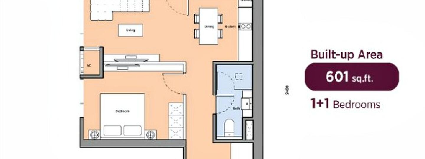 Floor plan: 1-bedroom 1-bathroom unit; features: open-plan kitchen-dining-living, master bedroom with ensuite bathroom, utility room, central foyer, 1 car porch, 601 sqft built-up.