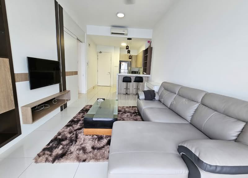 Living features: L-shape sectional sofa in grey, glass coffee table, area rug with geometric pattern, wall-mounted TV, TV console in wood, recessed downlights, white painted walls, sliding glass door, floor-to-ceiling windows, open layout to kitchen, bar stools at kitchen counter, air conditioning unit; style: modern.
