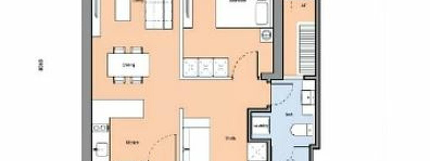 Floor plan: 2-bedroom 2-bathroom unit; features: open-plan kitchen-dining-living, master bedroom with ensuite bathroom, bedroom 2 with shared bathroom, utility room, laundry area, balcony off living room, central foyer, 1 car porch.